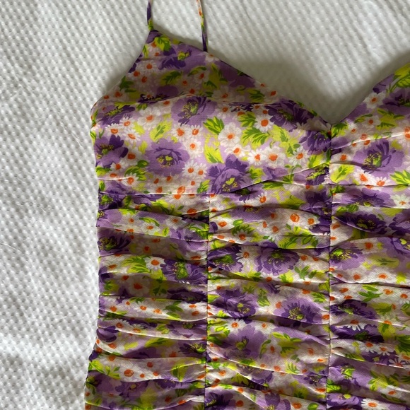 Zara Purple and Yellow Floral Ruched Crop Camisole Sleeveless Top - Picture 3 of 8